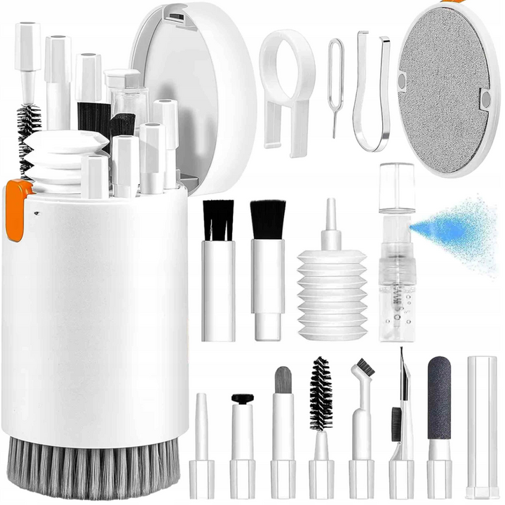 Kit portabil 20 in 1 curatare electronice, Zola, 20 instrumente precise, cutie depozitare, recipient cu atomizor, 8.9 x 6.4 cm, alb