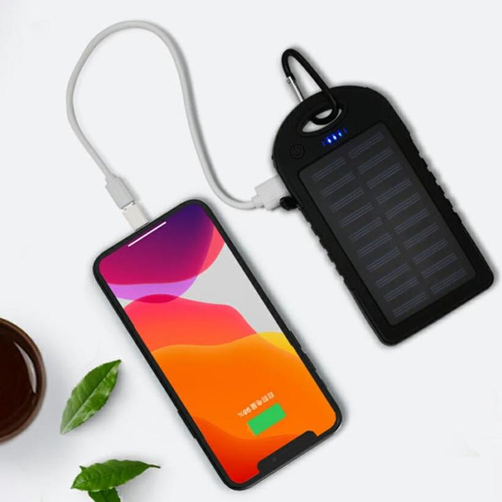 Baterie externa cu panou solar, Zola®, Powerbank, 5000mAh, lanterna LED incorporata, 1W, 2xport USB, 1 port microUSB, negru, 15x8x2 cm