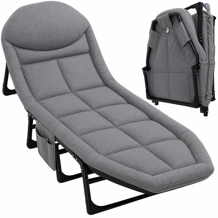 Pat pentru camping pliabil, Zola, reglabil in 5 trepte, greutate suportata 150 kg, saltea moale, mecanism de blocare, buzunar lateral, cadru fier, material Oxford, 200 x 65 x 30 cm