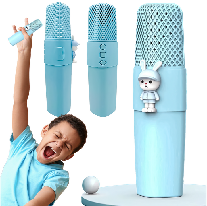 Microfon de karaoke pentru copii, Zola, wireless, Bluetooth, 5 functii de modulare a vocii, difuzor incorporat, 3W, raza de actiune 10 m, port micro-USB incarcare, albastru