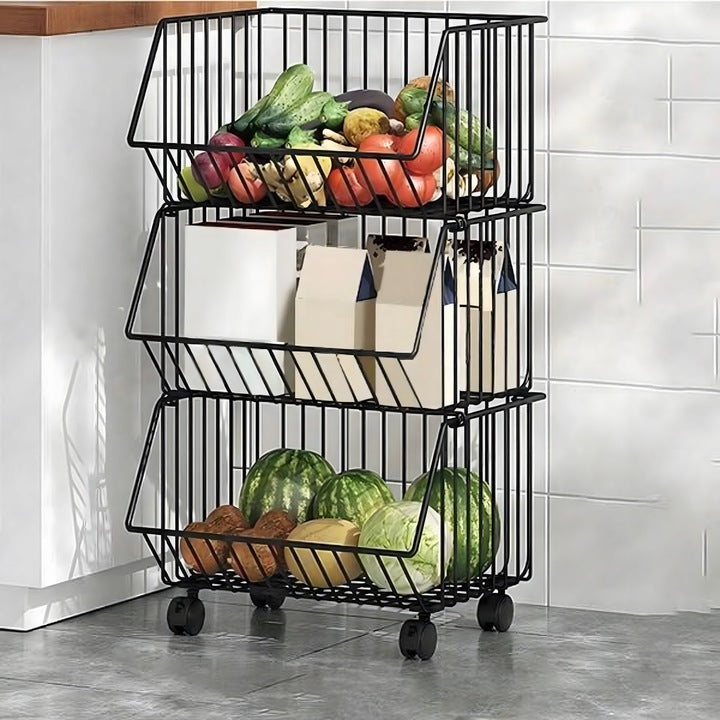 Raft pliabil pe 3 niveluri pe roti, Zola, universal, metalic, 61 x 41 x 29 cm, negru