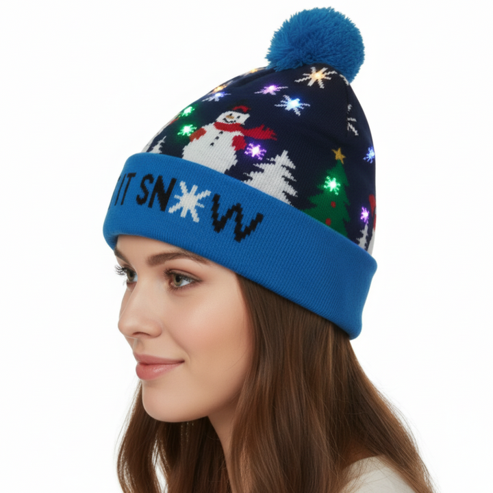 Caciula cu iluminare LED RGB, Zola, model oameni de zapada, 20 x 21 cm, alimentare baterii, albastra