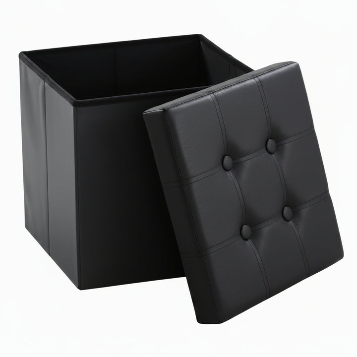 Taburet pliabil cu spatiu de depozitare, Zola, capacitate 39 l, 38 x 38 x 38 cm, greutate maxima suportata 100 kg, impermeabil, MDF, piele ecologica, negru