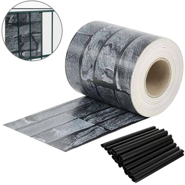 Banda decorativa gard model piatra, Zola, 20 clipsuri incluse, 19 cm x 35 m, PVC 450 g/m2, rezistenta UV, gri/negru
