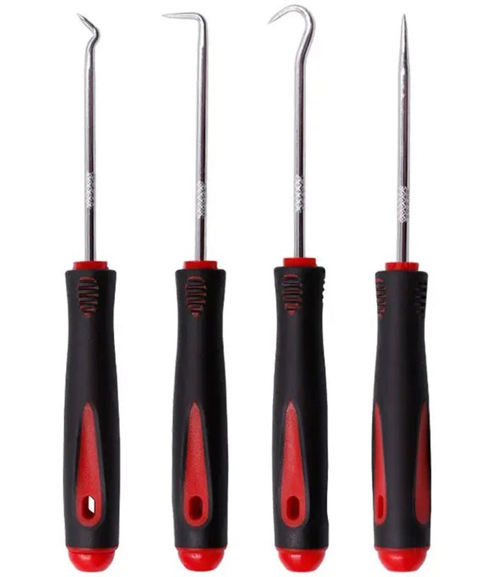 Set 4 carlige universale pentru etansari si inele, Zola®, tragere si manipulare elemente de cauciuc, otel si PP, varfuri magnetizate, 16 cm, negru/rosu