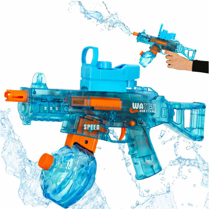 Pistol apa electric automat copii, Zola, rezervor 350 ml, raza 8-10 m, incarcare USB, efecte sonore, 36 x 26 x 3.7 cm, albastru / portocaliu