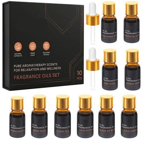 Set 10 uleiuri esentiale, Zola, aromaterapie, difuzor/umidificator, arome variate, 10 ml, 2 pipete, cutie cadou