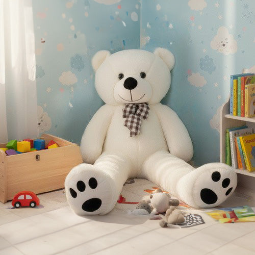 Ursulet de plus gigantic, Zola, 140 cm, funda carouri, corp flexibil, umplutura bumbac PP, poliester moale, crem