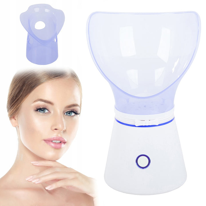 Dispozitiv pentru sauna faciala, inhalator si umidificator, UBX, capacitate rezervor 60 ml, 130W, eficienta 218 ml/h, baza 12, 5x13 cm, alb/albastru
