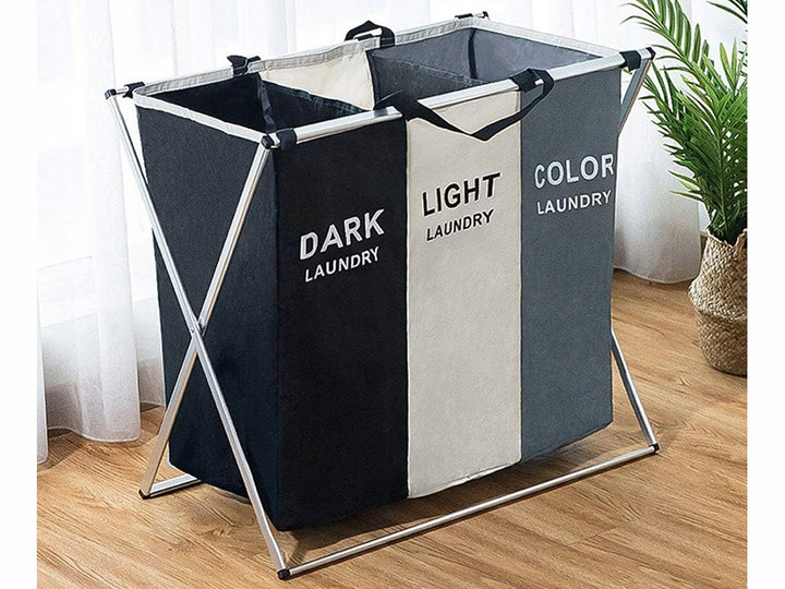 Cos rufe, Zola®, din material textil, 3 compartimente, gri/alb/negru, pliabil, cadru metalic, manere, impermeabil, 60 x 65 x 60 cm,  135 L