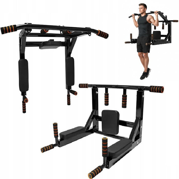 Bara multifunctionala pentru antrenament, tractiuni si exercitii, Zola, greutate suportata 200 kg, otel/spuma neopren, montare pe perete, 93x70x48 cm, neagra