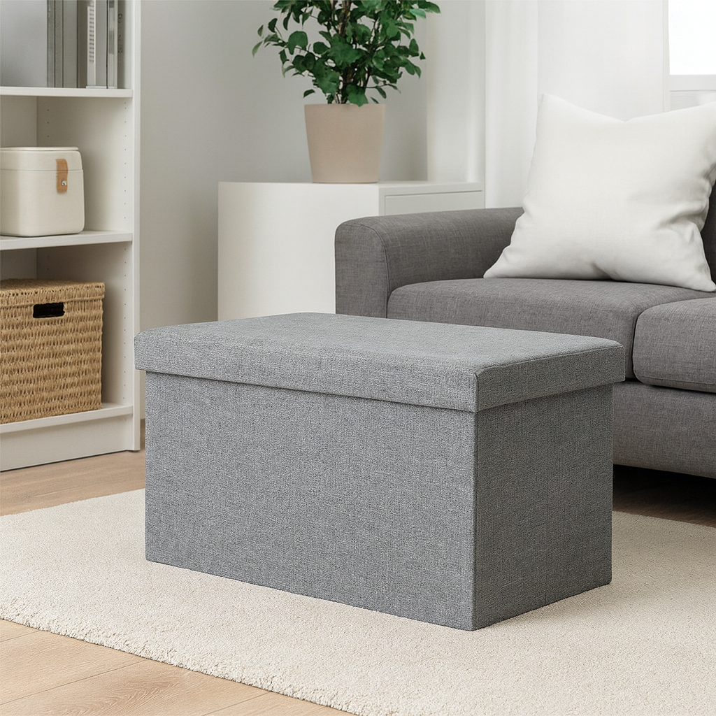 Taburet pliabil cu spatiu de depozitare, Zola, capacitate 54 l, 60 x 30 x 30 cm, greutate maxima suportata 80 kg, impermeabil, MDF, poliester, gri