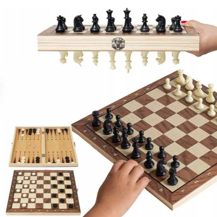 Joc de sah, dame si table 3 in 1, Zola, din lemn, 32 piese sah magnetice, 30 piede dame, 2 zaruri, pliabil, 24 × 24 cm, maro/bej