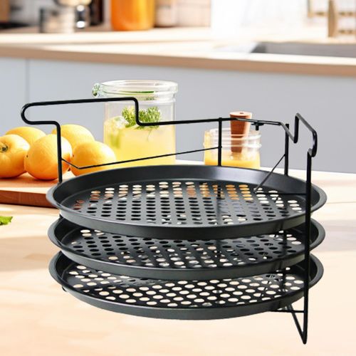 Set 3 tavi pentru pizza, Zola®, cu suport pliabil, otel, diametru tava 33 cm, negru