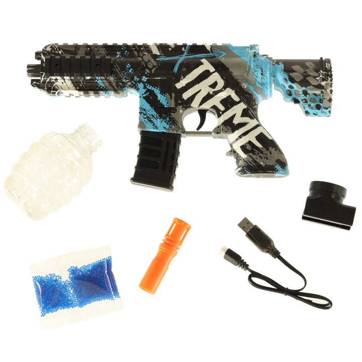 Mitraliera de jucarie cu amortizor, Zola®,550 bile din gel, 7-8 mm, tragere in rafala, incarcator usb, incarcator stil grenada, gelsoft, baterie 7.4 V si 1200 mAh, albastru