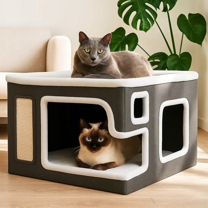 Casuta multifunctionala pe 2 nivele pentru pisici, Zola, cu pat moale, zona de zgariere si jucarie suspendata, 60 x 43 x 33 cm, gri