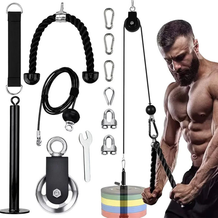 Set antrenament cu scripete si cablu, Zola, sarcina maxima 100 kg, bara exercitii, coarda, carabine si elemente de montare, din otel