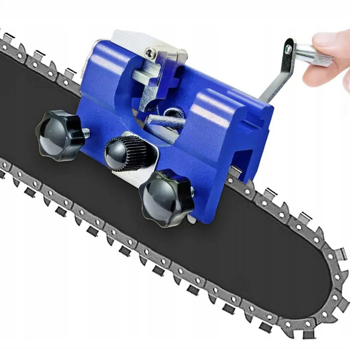 Dispozitiv universal de ascutit lanturi, Zola®, 3 role de slefuit de marimi diferite, usor de folosit, rapid, din aluminiu/otel, albastru, 7x6x2.8 cm