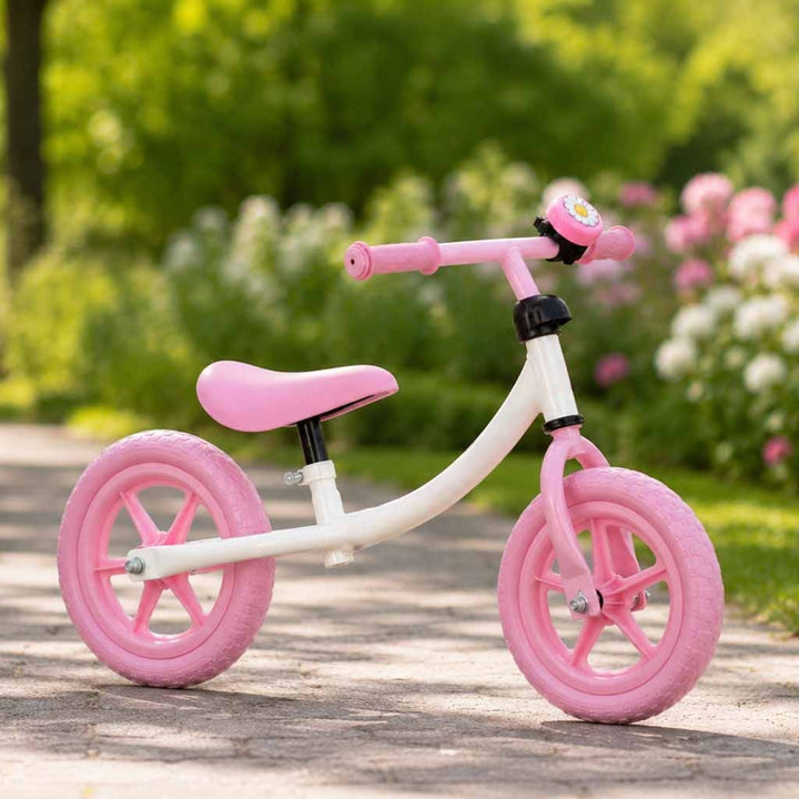 Bicicleta de echilibru fara pedale pentru copii, Zola, sa si ghidon reglabile, roti EVA, sonerie, suporta 30 kg, alb/roz