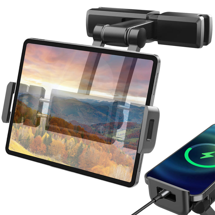 Suport auto pentru tableta sau telefon cu montare pe tetiera, Zola®, reglabil, plastic, negru