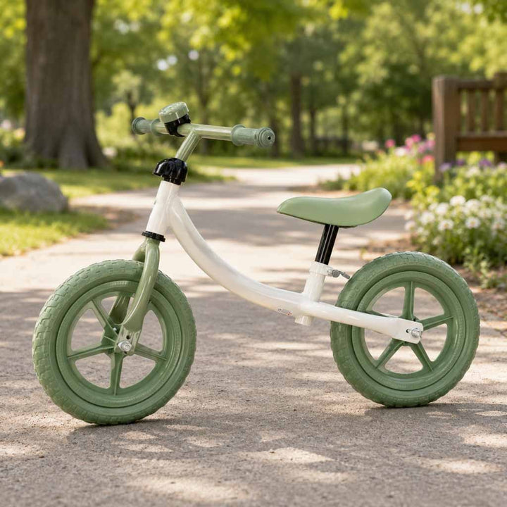 Bicicleta de echilibru fara pedale pentru copii, Zola, sa si ghidon reglabile, roti EVA, sonerie, suporta 30 kg, alb/verde