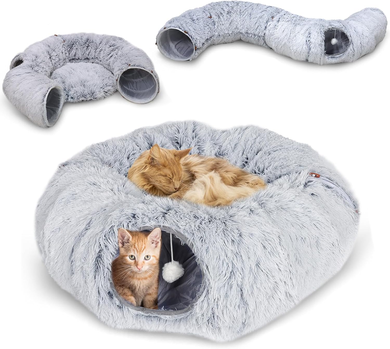 Culcus 3 in 1 cu tunel de joaca pentru pisici, Zola, transformabil, pernita detasabila, cu bila agatata, plus moale, 2 x 85 cm, gri