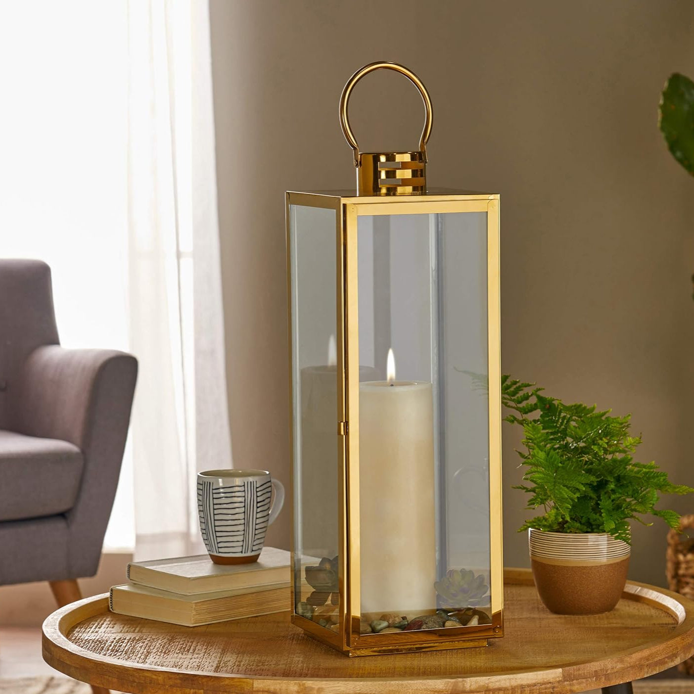 Set 3 felinare decorative din sticla, Zola,  dimensiuni diferite 63 / 49 / 38 cm, otel inoxidabil, aurii