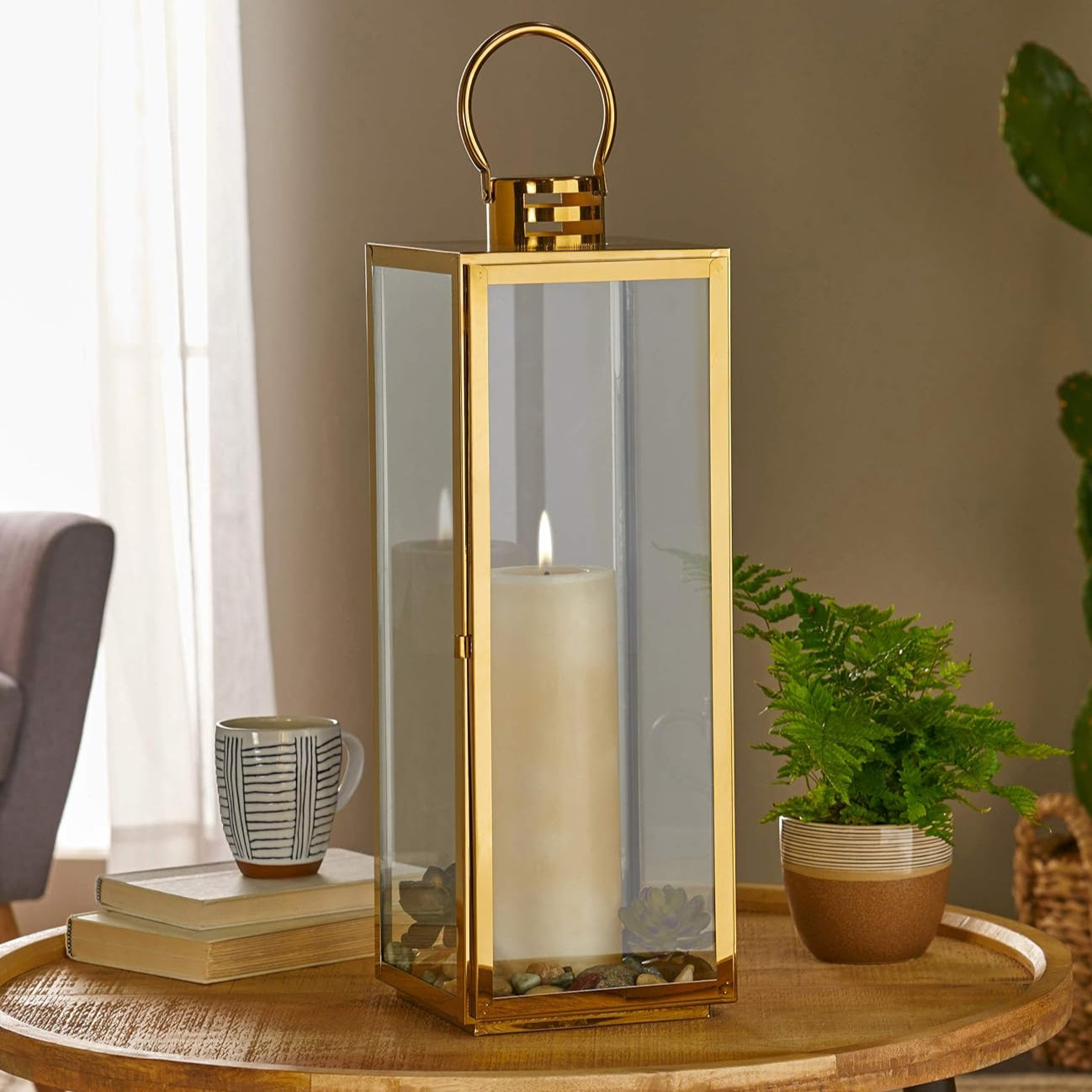 Set 3 felinare decorative din sticla, Zola,  dimensiuni diferite 63 / 49 / 38 cm, otel inoxidabil, aurii