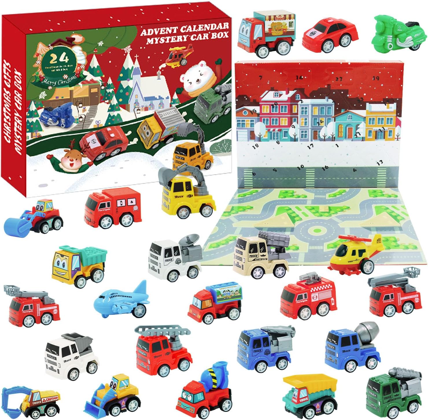 Calendar Advent pentru copii cu 24 masinute, Zola, cutie transformabila in pista de joaca, masinute 3.5-5.5 cm, multicolore