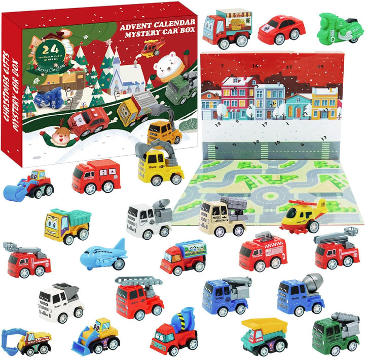Calendar Advent pentru copii cu 24 masinute, Zola, cutie transformabila in pista de joaca, masinute 3.5-5.5 cm, multicolore