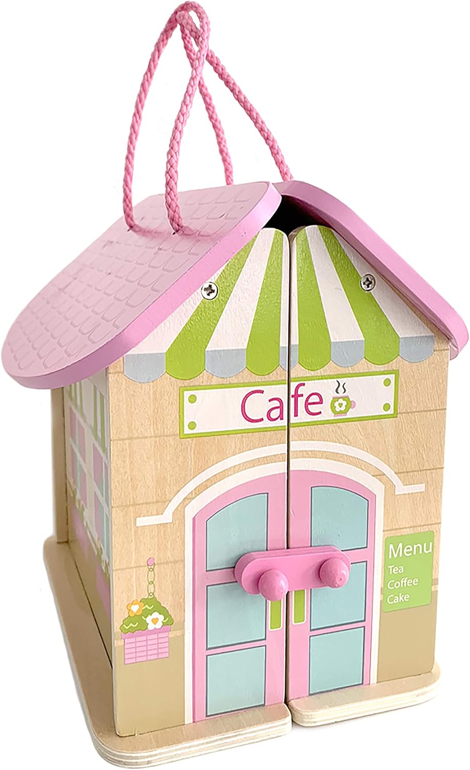 Casuta pentru papusi, Zola®, cafenea, 2 omuleti si accesorii, din lemn, 19x16x25.5 cm