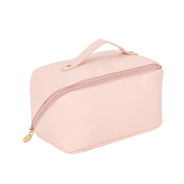 Geanta de calatorie pentru cosmetice, UBX, cu fermoar, piele ecologica, trei compartimente, 25x10x10.5 cm, roz