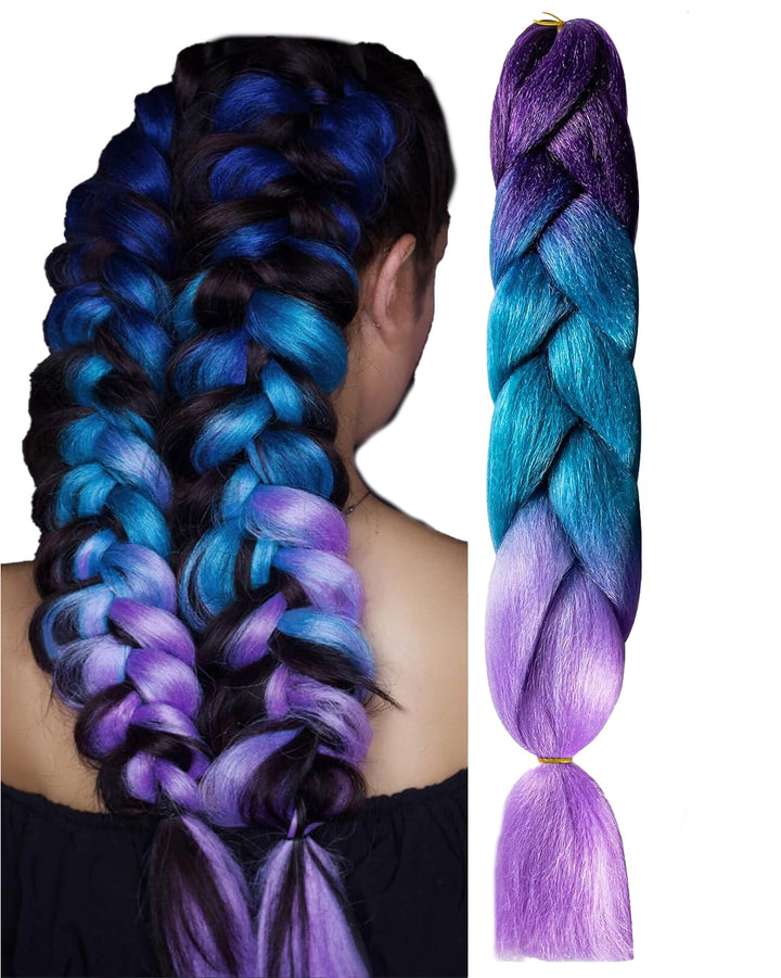 Extensii par sintetic pentru impletituri,Zola®, ombre mov inchis-albastru-mov deschis, 60 cm