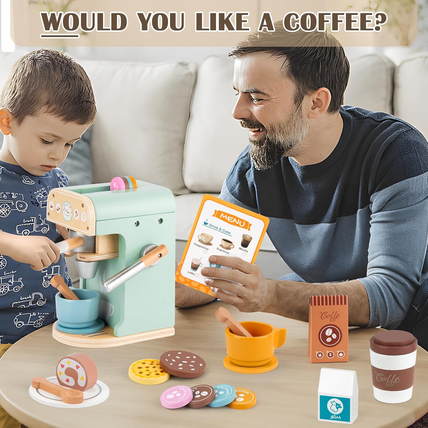 Set de jucarii espressor din lemn, Zola, barista , cesti de cafea, prajiturele, alte accesorii, 12 x 20 x 13.5 cm