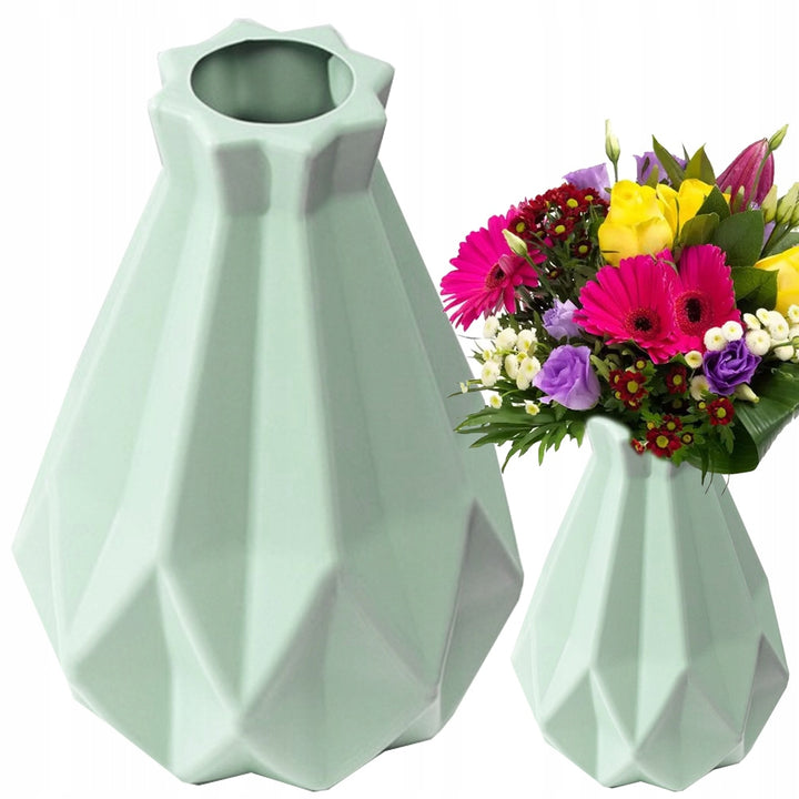 Vaza decorativa 3D pentru flori, Zola, din plastic, capacitate 1.5 L, diametru 7 cm, dimensiune 20 x 14 cm, verde menta
