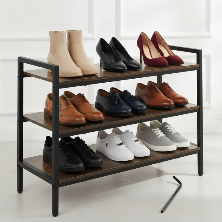 Pantofar modern stil industrial, Zola, 3 rafturi incaltaminte, greutate suportata 30 kg, 58.5 x 79 x 30 cm, cadru metalic, MDF, negru/maro