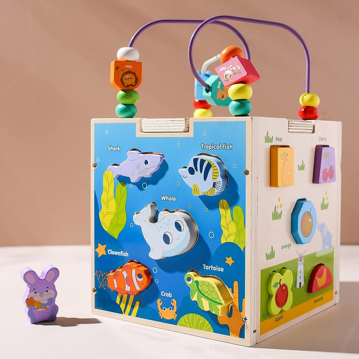 Cub de activitati, Zola®, 5 activitati, animale, masini si forme geometrice, multicolor, din lemn, cu activitati care dezvolta inteligenta copilului, 16.5x16.5x27 cm