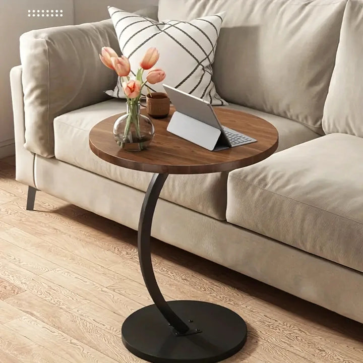 Masuta rotunda de cafea, Zola, design modern, cadru otel, blat MDF, 40x40x60 cm, negru/lemn de nuc