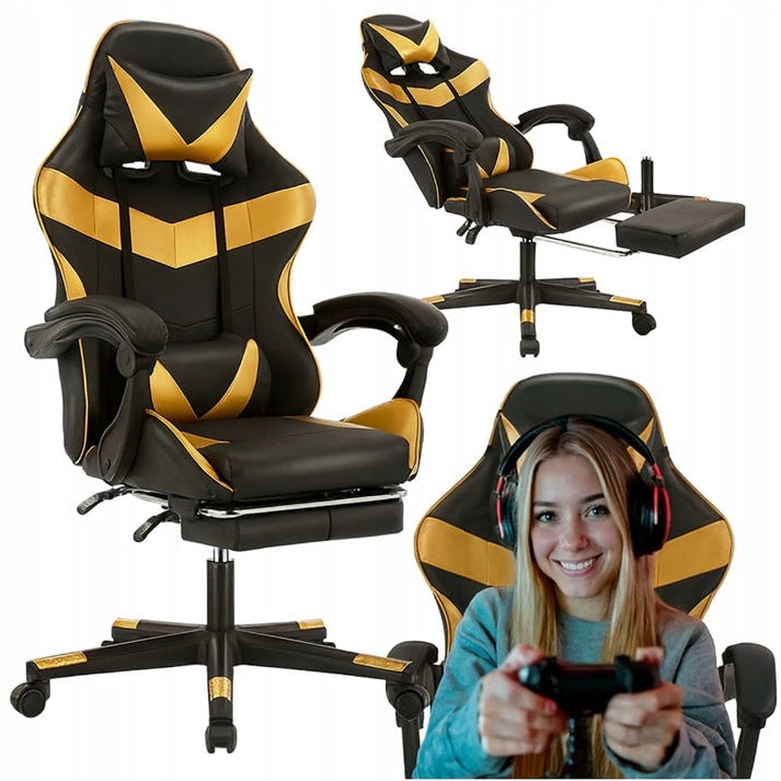 Scaun pivotant pentru gaming, Zola, tip scoica, reglabil, tetiera, perna lombara, suport extensibil picioare, greutate suportata 150 kg, model geometric, negru/auriu
