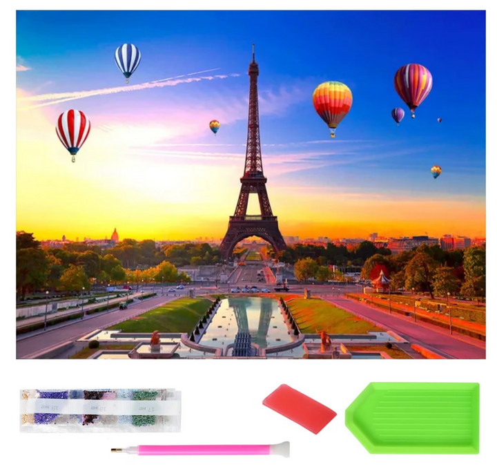 Goblen mozaic cu diamante, Zola, peisaj Turnul Eiffel si baloane cu aer cald colorate, 120 x 60 cm