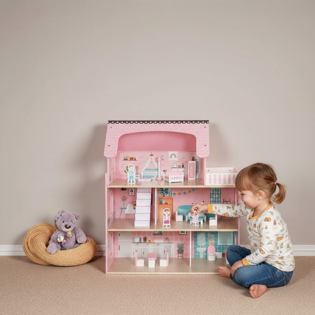 Casuta de papusi din lemn cu lumini LED, Zola, 5 camere, balcon, complet utilata, 3 etaje,  27 x 62 x 70 cm, multicolora