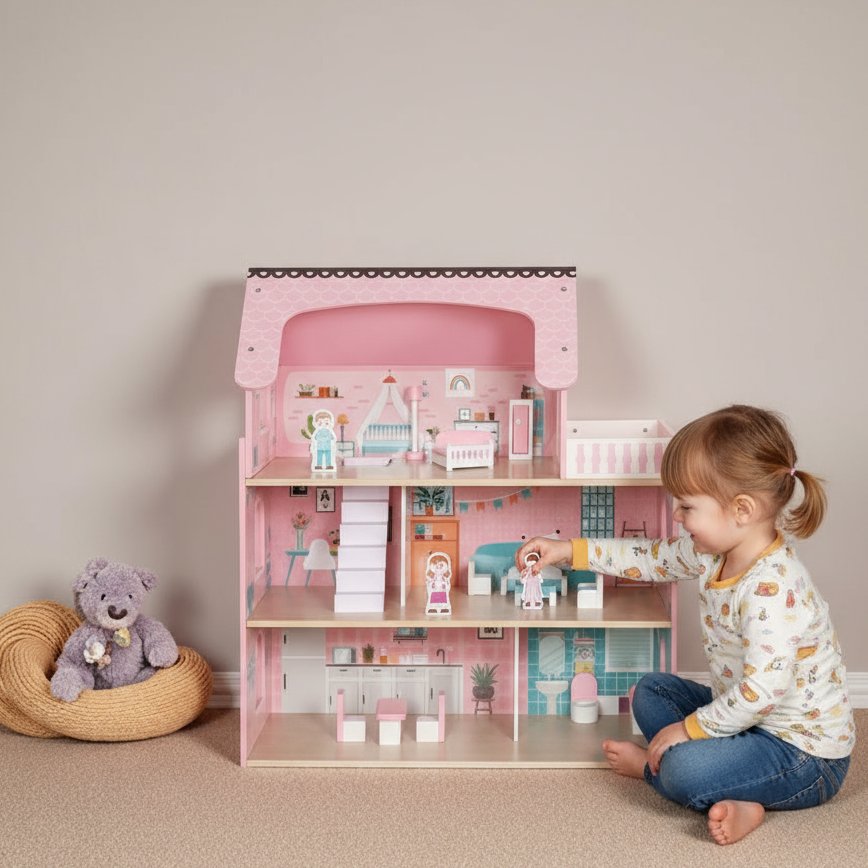 Casuta de papusi din lemn cu lumini LED, Zola, 5 camere, balcon, complet utilata, 3 etaje,  27 x 62 x 70 cm, multicolora