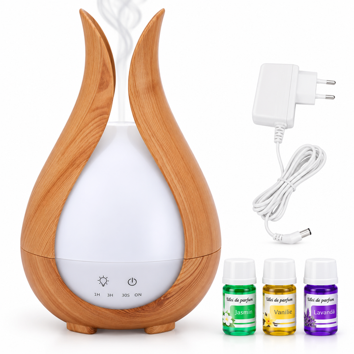 Umidificator cu ultrasunete si aromaterapie, Zola, 200 ml, RGB 7 culori, 3 uleiuri esentiale incluse, temporizator, functionare silentioasa