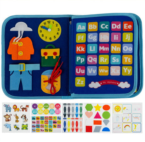 Carte senzoriala Montessori cu activitati, Zola, 7 in 1, din fetru, model unicorni, 22.5 × 28 cm, albastru