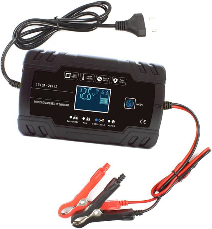 Redresor automat pentru baterie, Zola®, 12V SAU 24V, tensiune de intrare 100-240V, putere nominala 12V/8A, 24V/4A, dimensiune 17x10 cm