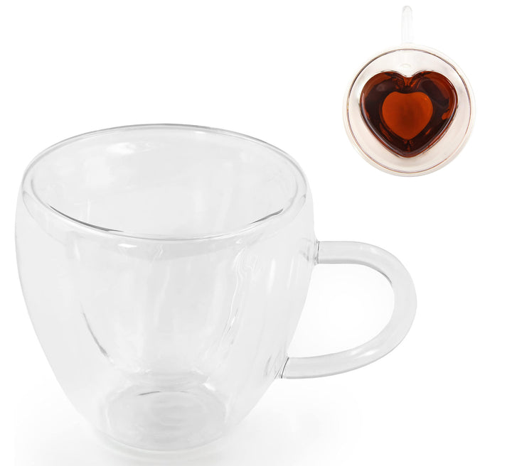 Cana termica cu pereti dubli, Zola, forma interioara inima, 240 ml, maner,  sticla borosilicata, 10 x 9.5 cm, transparent