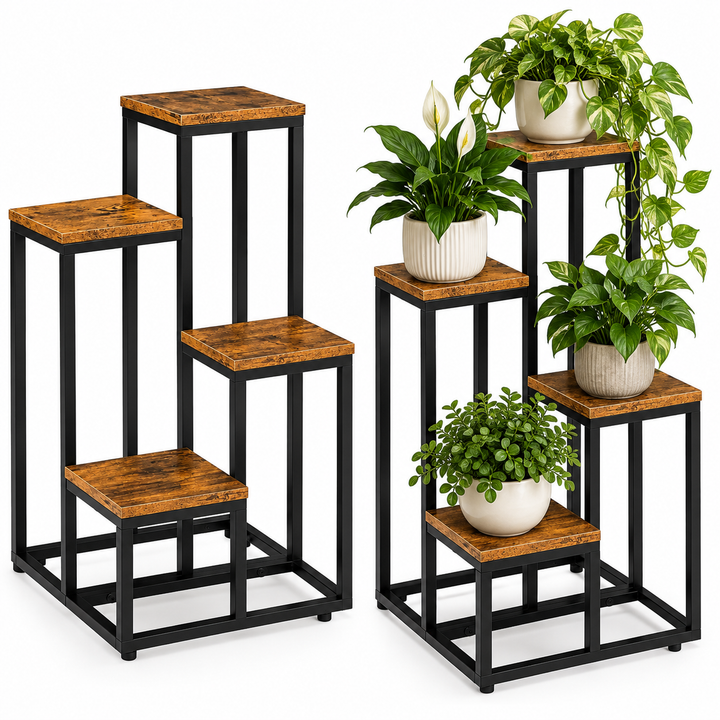 Suport metalic flori pentru podea, Zola, 4 polite MDF, cadru otel, 34 × 34 × 68 cm, negru/maro