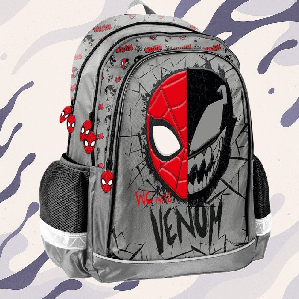 Ghiozdan scolar, Zola, Marvel Venom, 2 compartimente, impermeabil, 38 x 28 x 15 cm, gri/rosu