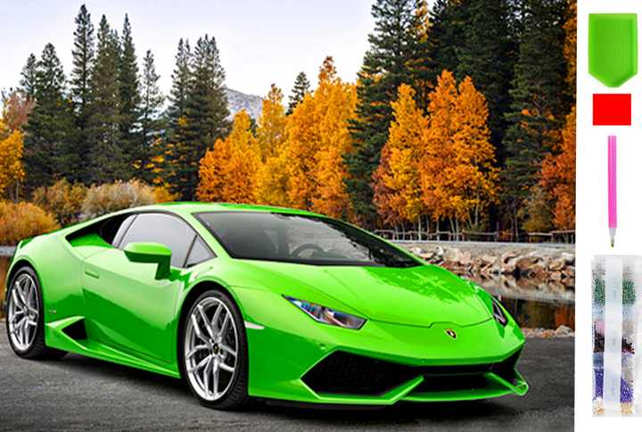 Goblen mozaic cu diamante, Zola, model Lamborghini verde, 50 x 65 cm
