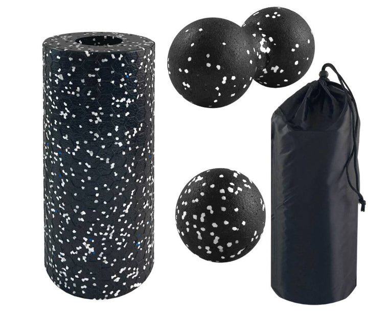 Set 3 in 1 pentru yoga si masaj, Zola, rola, 1 bila single si 1 bila dubla, duritate medie, din spuma, 32.5x14 cm, negru/alb
